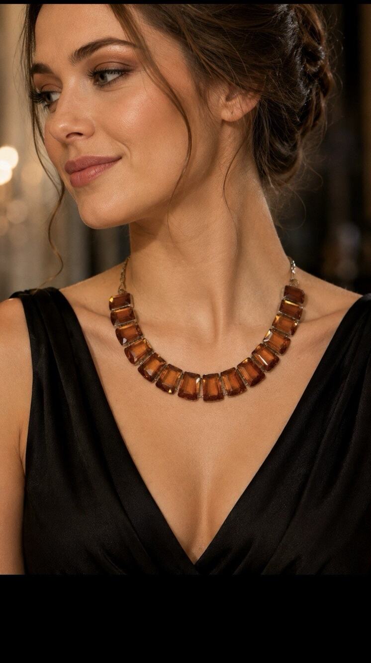 925 Sterling Silver Citrine Colored Crystal Statement Faceted Necklace
